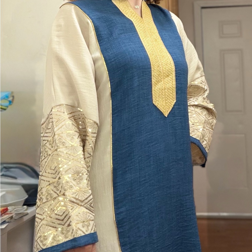Blue and Cream Long Dress with Gold Trim Abaya Dress fit M&L